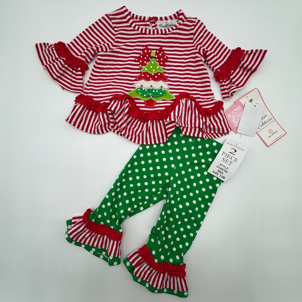 NEW Rare Editions Girls 12M Red Stripe Polka Dot Christmas Tree Outfit 2 Pc Set